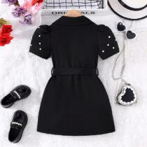 Toddler Girl Black Collar Puff Short Sleeve Dress With Belt