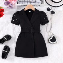 Toddler Girl Black Collar Puff Short Sleeve Dress With Belt (2)