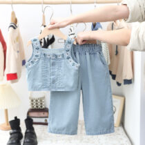 Toddler Girl Sleeveless Denim Vest And Denim Trouser 2pcs