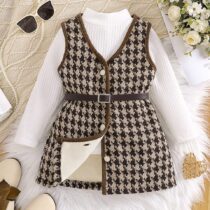 Toddler Girl White Turtle Neck T-shirt And Tweed Vest Dress Set With Belt