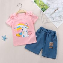 Toddlers Girl Pink Top With Denim Teddy Short 2pcs