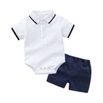 Baby Boy And Toddler Boy White Collar Pin Down Tee-Shirt With Navy Blue Short 2pcs