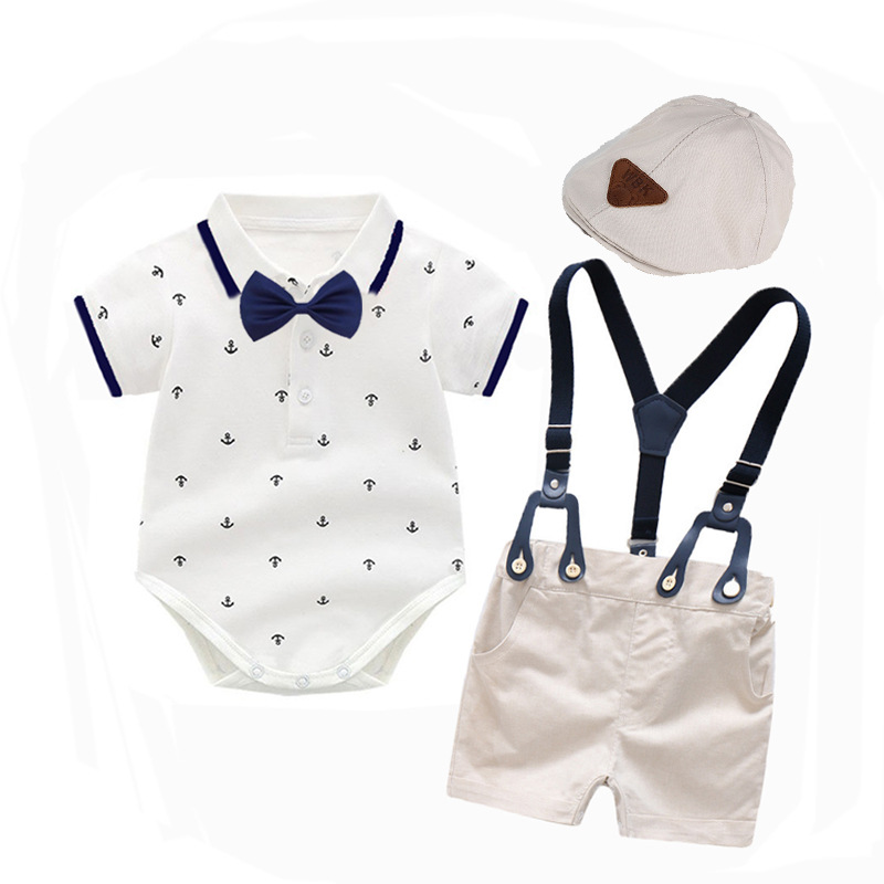 Baby Boy, Toddler boy Anchor Collar Neck White Pin Down Shirt With Brown Short And Suspended Set, Bow Tie, Papa’s Cap