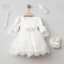 Baby Girl White New Born Naming Wear, Christian Dedication Baptism Dress With Hair Band And Socks, Hairband and shoe Complete Set