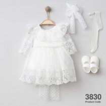 Baby Girl White New Born Naming Wear, Christian Dedication Baptism Dress With Hair Band And Socks, Hairband and shoe Complete Set