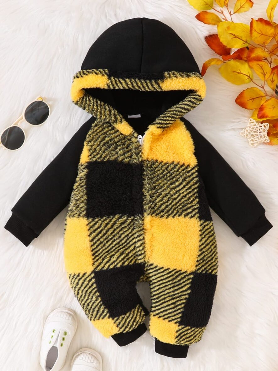 Baby Unisex Hooded Yellow Plaid Jumpsuit