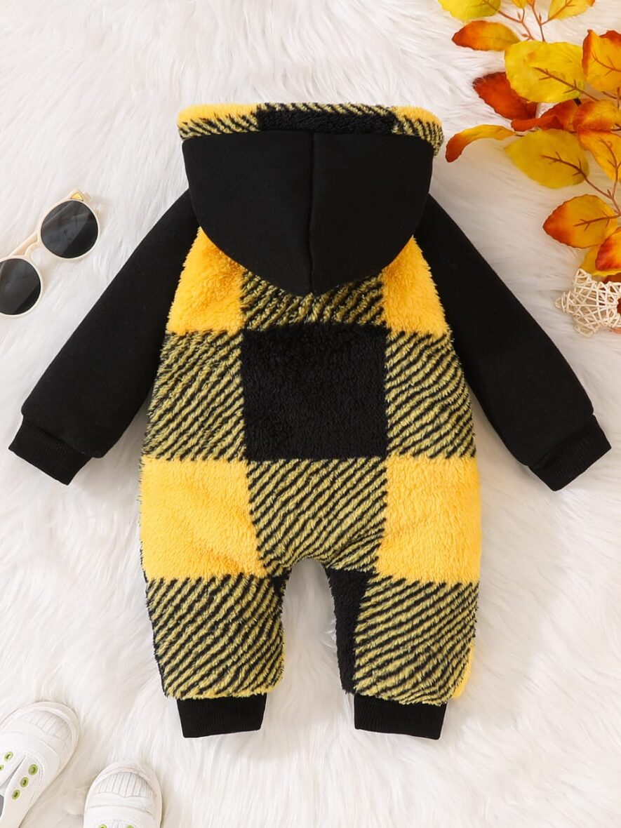 Baby Unisex Hooded Yellow Plaid Jumpsuit (2)