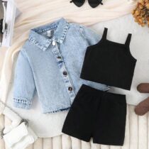 Toddler Girl Black On Black With Denim Jacket 3pcs (1)