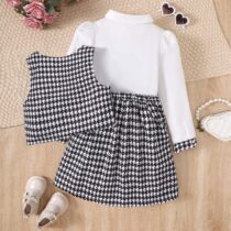 Toddler Girl Collar White Top With Vest And Print Skirt 3pcs (2)