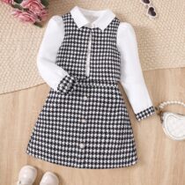 Toddler Girl Collar White Top With Vest And Print Skirt 3pcs (3)