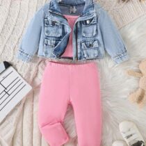 Toddler Girl Pink On Pink With Denim Jacket 3pcs (2)