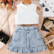 Toddler Girl White Sleeveless Top With Denim Skirt 2pcs