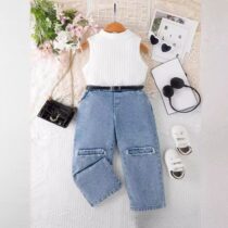 Toddlers Girl White Sleeveless Top With Denim Patched Trouser 2pcs