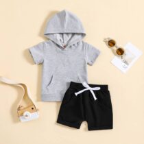 Baby Boy Grey Hooded With Black Short 2pcs