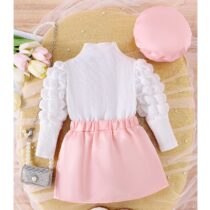Baby Girl And Toddler Girl White Top With Peach Bow Skirt With Baret (1)