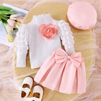Baby Girl And Toddler Girl White Top With Peach Bow Skirt With Baret (2)