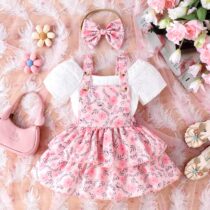 Baby Girl And Toddlers Girl White Top With Flora Flowering Dung With Hair Band 2pcs (1)