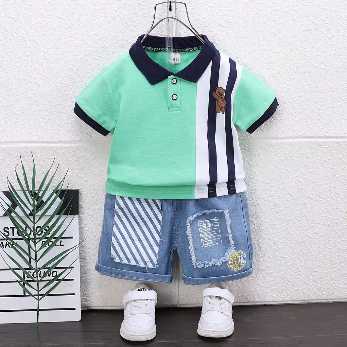 Toddler Boy Green/White Stripe Collar Neck Polo With Denim Short 2pcs