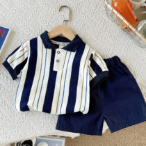 Toddler Boy Stripe Collar Neck Tee Polo With Navy Blue Short 2pcs