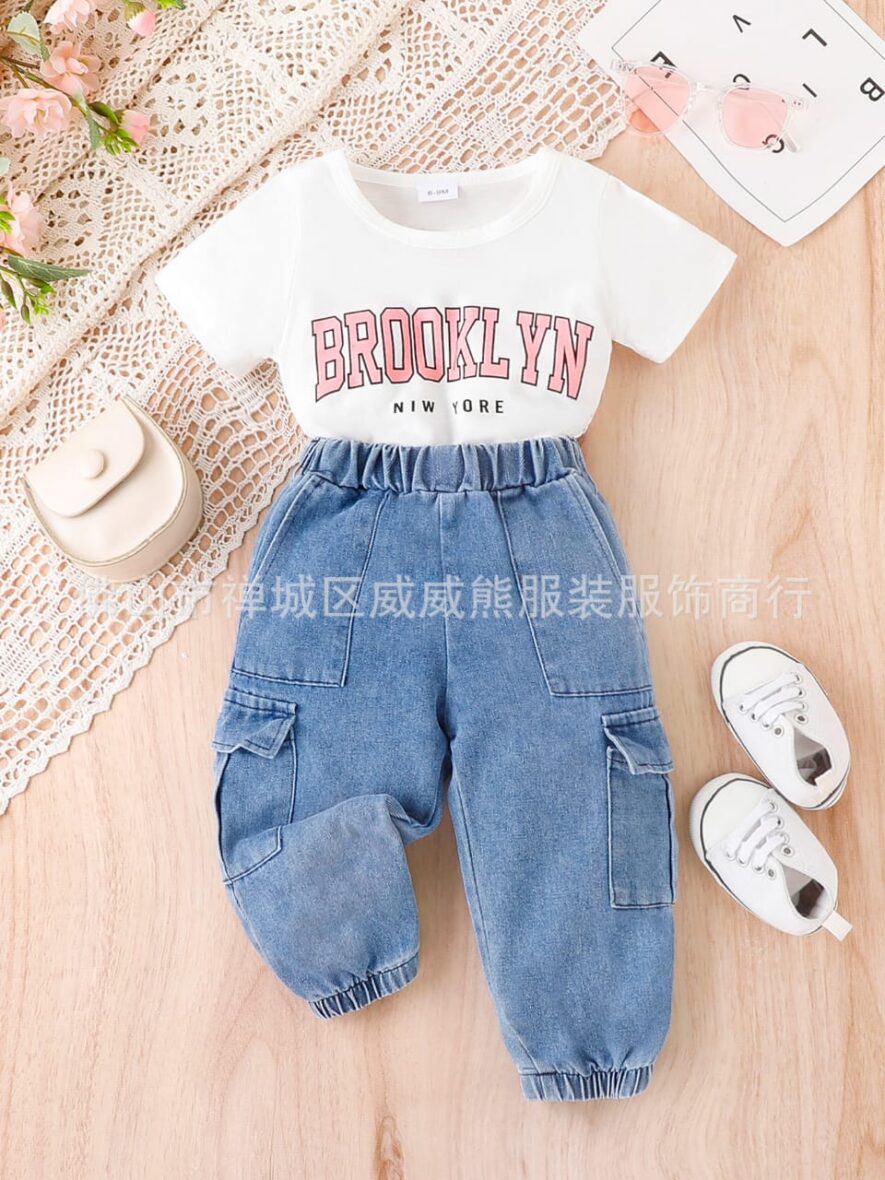 Baby And Toddler Girl White Brooklyn Top With Denim Trouser 2pcs