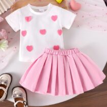 Baby And Toddler Girl White Love Top With Pleated Skirt 2pcs (1)
