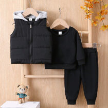 Baby Boy And Toddler Boy Black Round Long Sleeve Shirt Hooded Black Jacket With Black Track Suit 3pcs