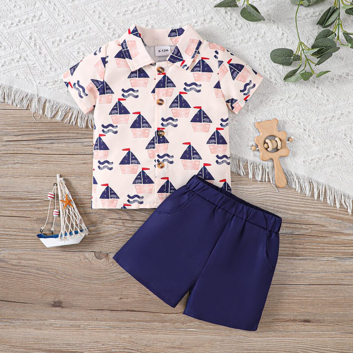 Baby Boy And Toddler Boy Boat Vintage Shirt With Navy Blue Short 2pcs