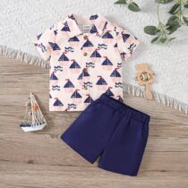 Baby Boy And Toddler Boy Vintage Shirt With Navy Blue Short 2pcs (2)
