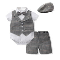 Baby Boy, Toddler boy White Pin Down Shirt With Grey Short And Bow Tie, Papa's Cap Waist Coat