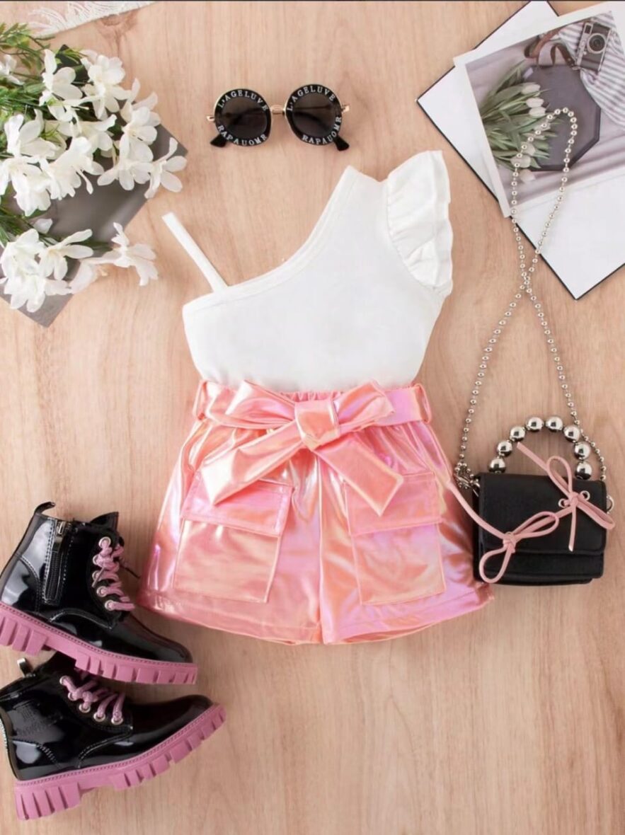 Baby Girl White Mono Strap Top With Pink Short 2pcs