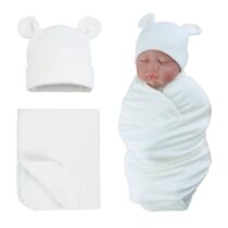 New Born White Baby Swaddle Wrap With Hat