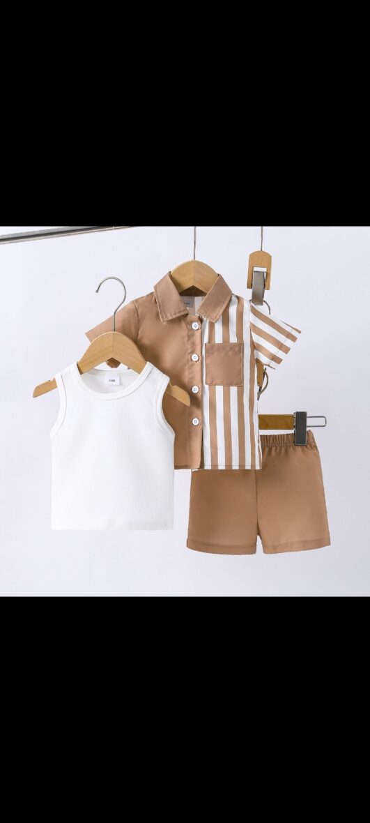 Baby Boy And Toddler Brown Stripe Shirt With White Inner Vest And Brown Short 3pcs