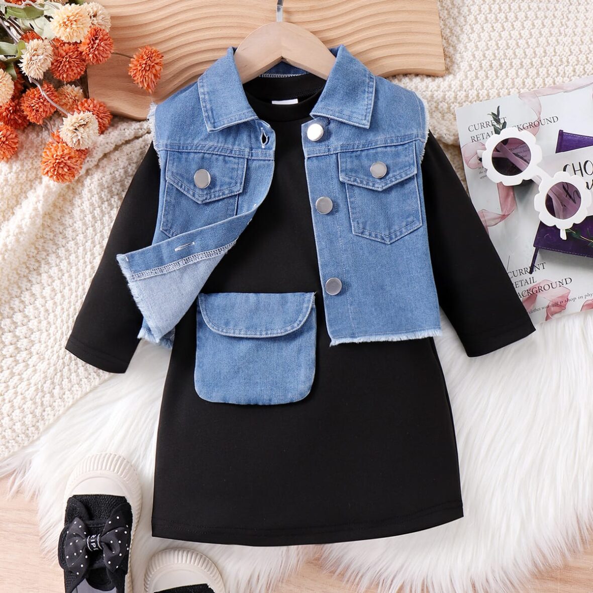 Toddler Girl Black Dress With Denim Jacket 2pcs