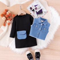 Toddler Girl Black Dress With Denim Jacket 2pcs (3)