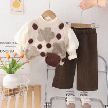 Toddler Girl Knitted Jacket With Cream Turtle Neck Top With Brown Trouser 3pcs