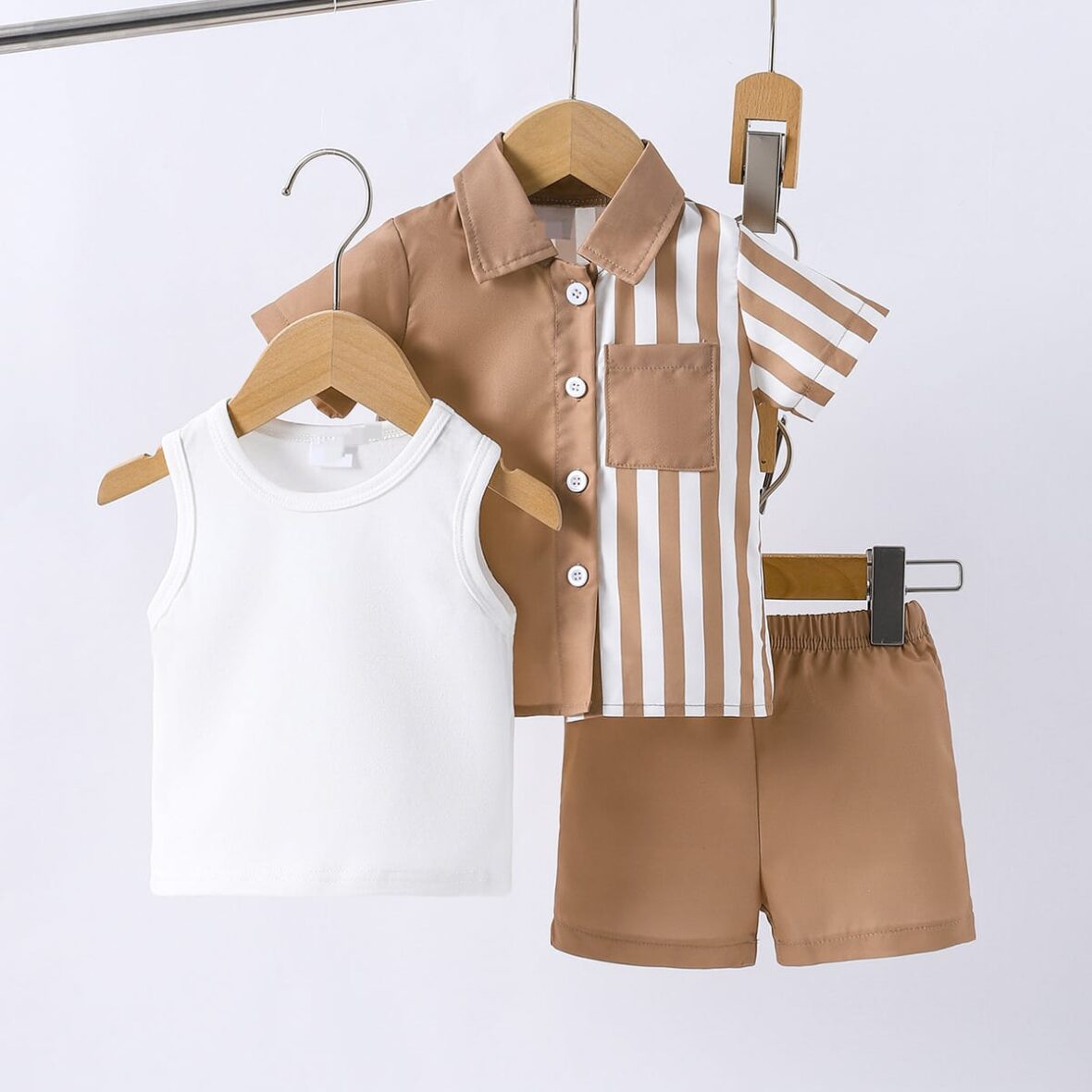 Baby Boy And Toddler Brown Stripe Shirt With White Inner Vest And Brown Short 3pcs