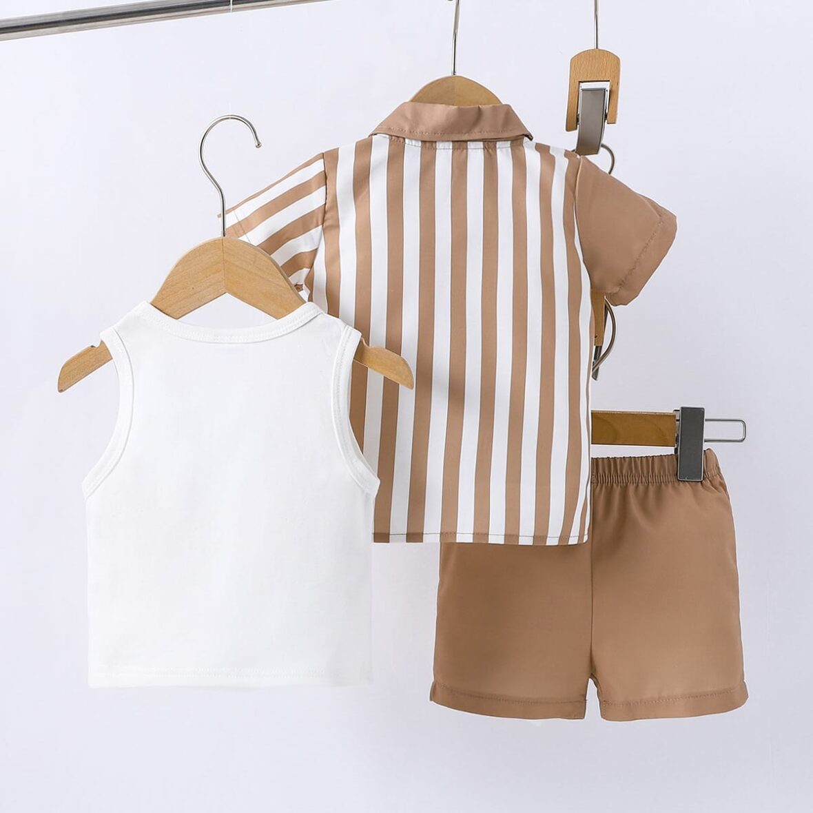 Baby Boy And Toddler Brown Stripe Shirt With White Inner Vest And Brown Short 3pcs1