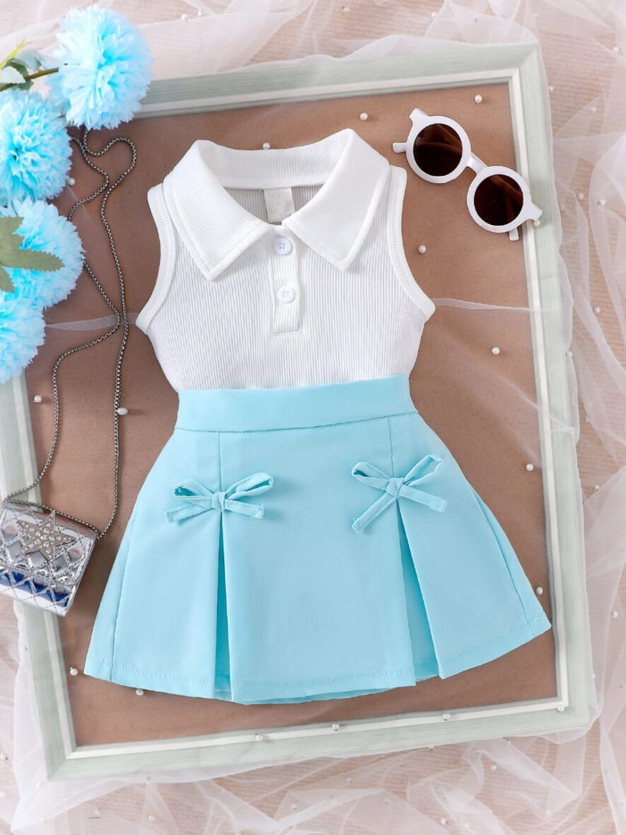 Baby toddler girl White polo top sleeveless with  blue pleated skirt