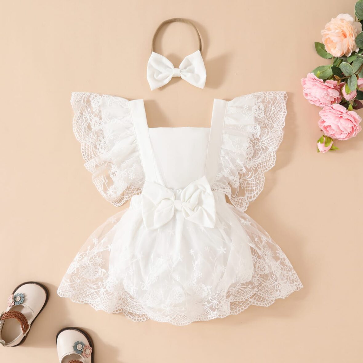 Baby Girl White Lace Romper Dress With Hair Band
