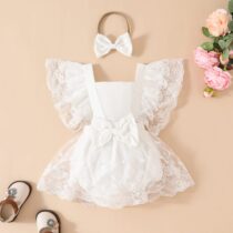 Baby Girl White Lace Romper Dress With Hair Band