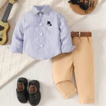 Baby Boy And Toddler Boy Stripe Sky Blue Shirt With Brown Trouser 2pcs(No Belt)