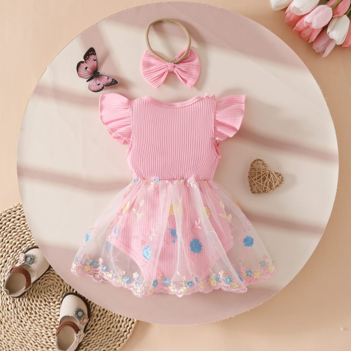 Baby Girl Flora Romper Dress With Bow (2)