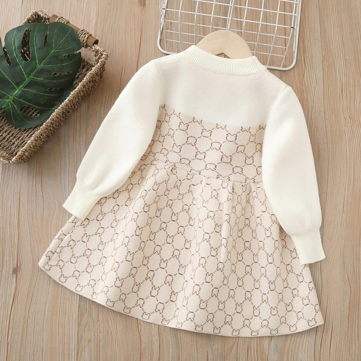 Toddler Girl Knitted Long Sleeve BrownCream Dress (1)