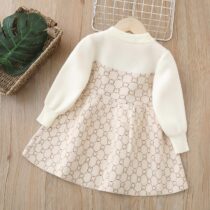 Toddler Girl Knitted Long Sleeve BrownCream Dress (1)