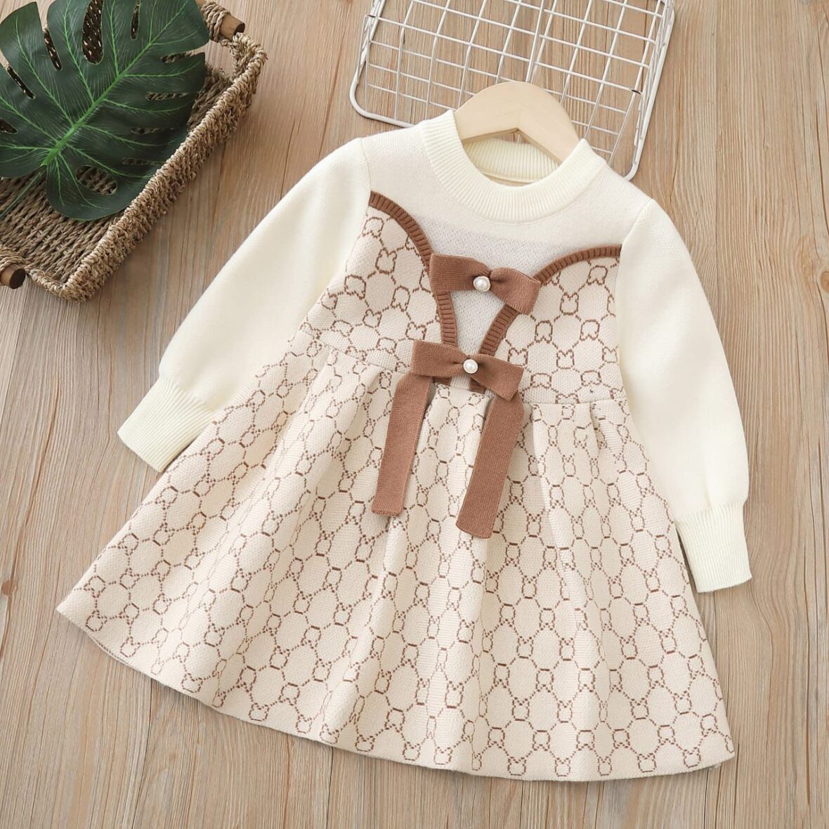 Toddler Girl Knitted Long Sleeve Brown/Cream Dress