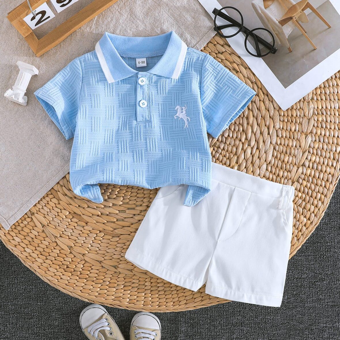 Baby And Toddler Boy Horse Ridding Sky Blue Collar Tee With White Short 2pcs
