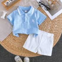 Baby And Toddler Boy Horse Ridding Sky Blue Collar Tee With White Short 2pcs (1)