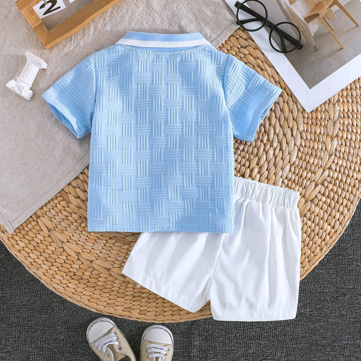 Baby And Toddler Boy Horse Ridding Sky Blue Collar Tee With White Short 2pcs (2)