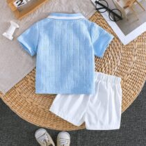 Baby And Toddler Boy Horse Ridding Sky Blue Collar Tee With White Short 2pcs (2)