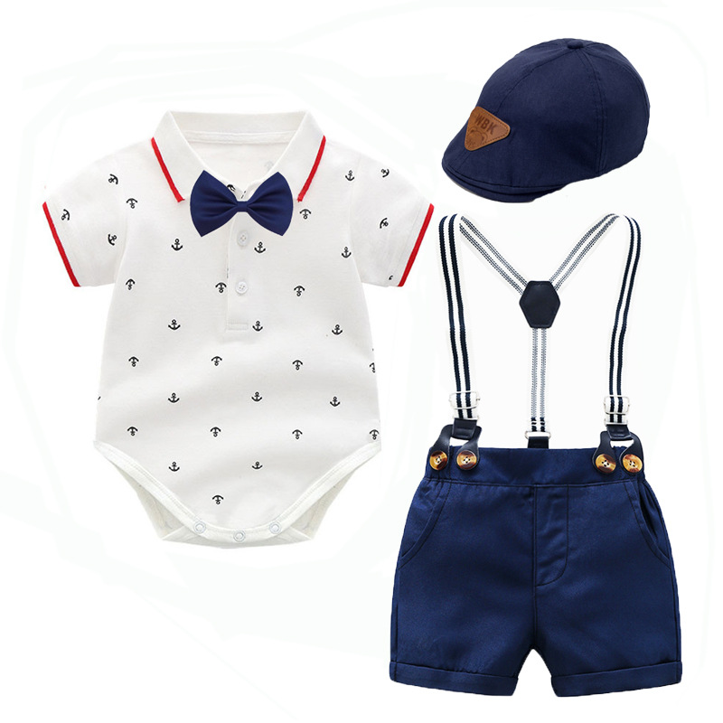 Baby Boy And Toddler Boy Anchor Collar Neck Pin Down With Navy blue Short With Suspender And Papa’s Cap